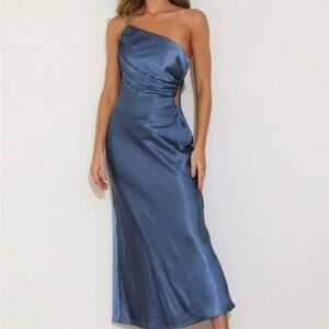 Angel Biba Satin One Shoulder Midi Dress Ruched Cutout Formal Silky Blue Size L